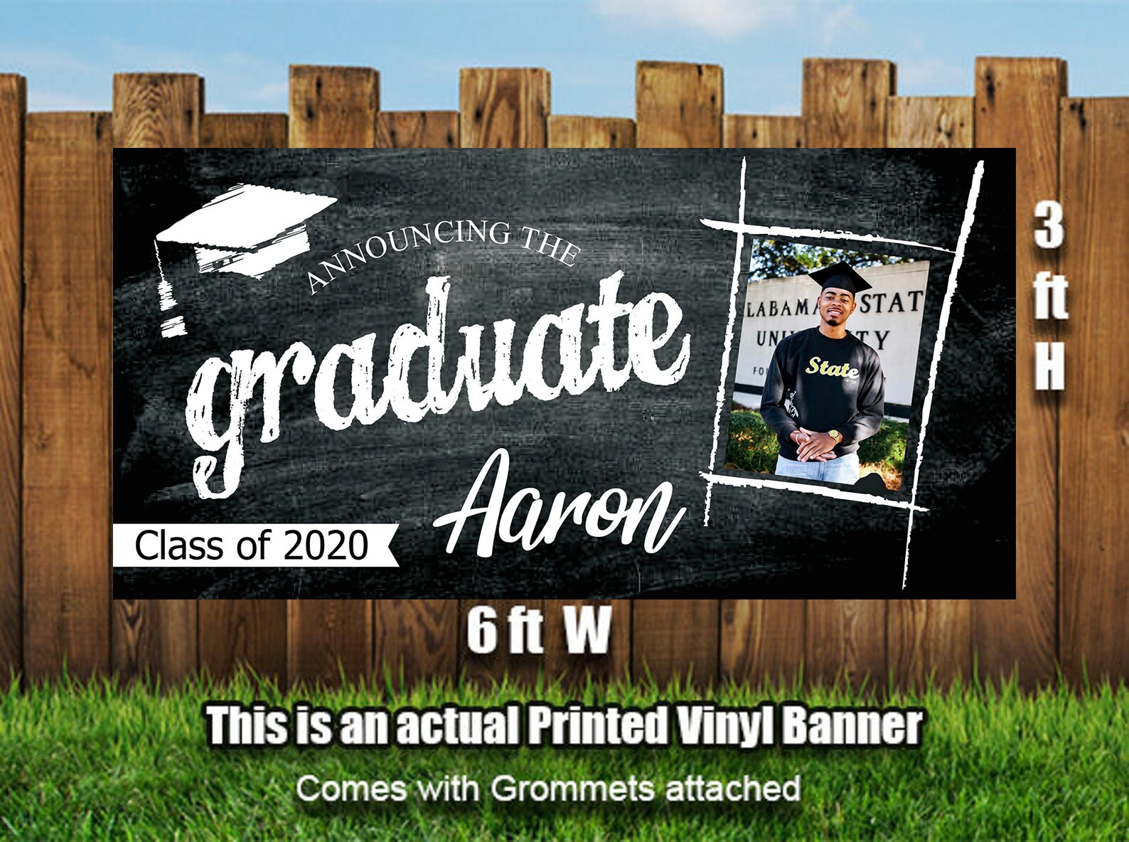 Custom printed vinyl banner — graduation announcement example