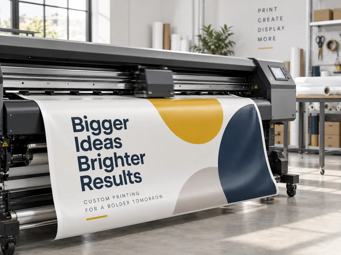 A vinyl banner coming off a wide format press