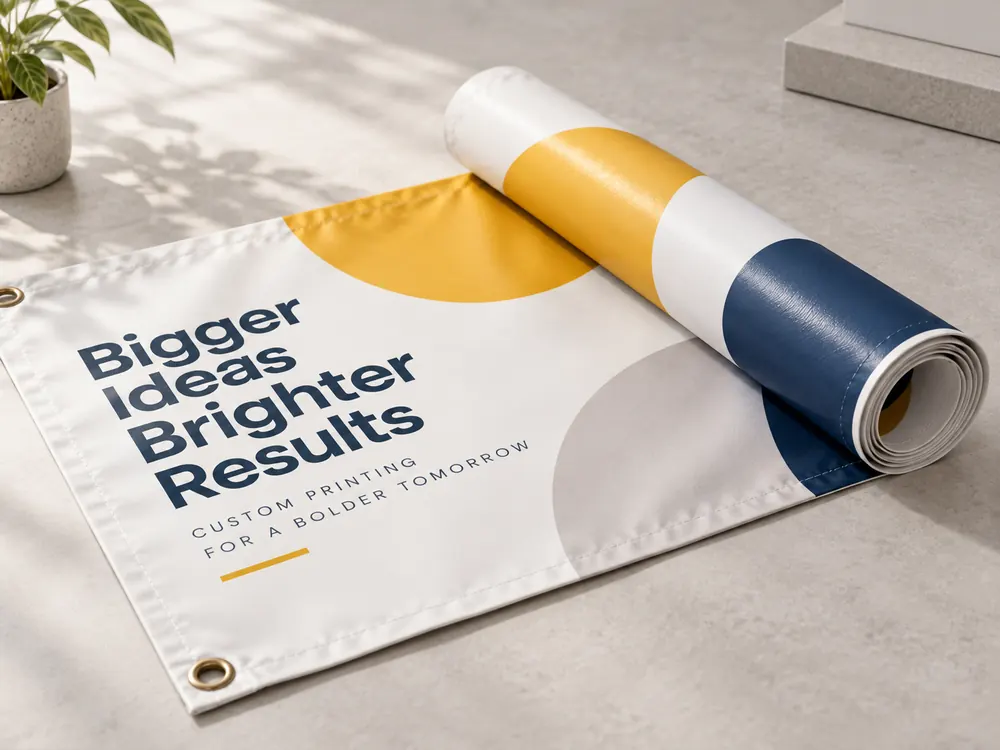 A finished vinyl banner rolled up, showing the hem and a brass grommet