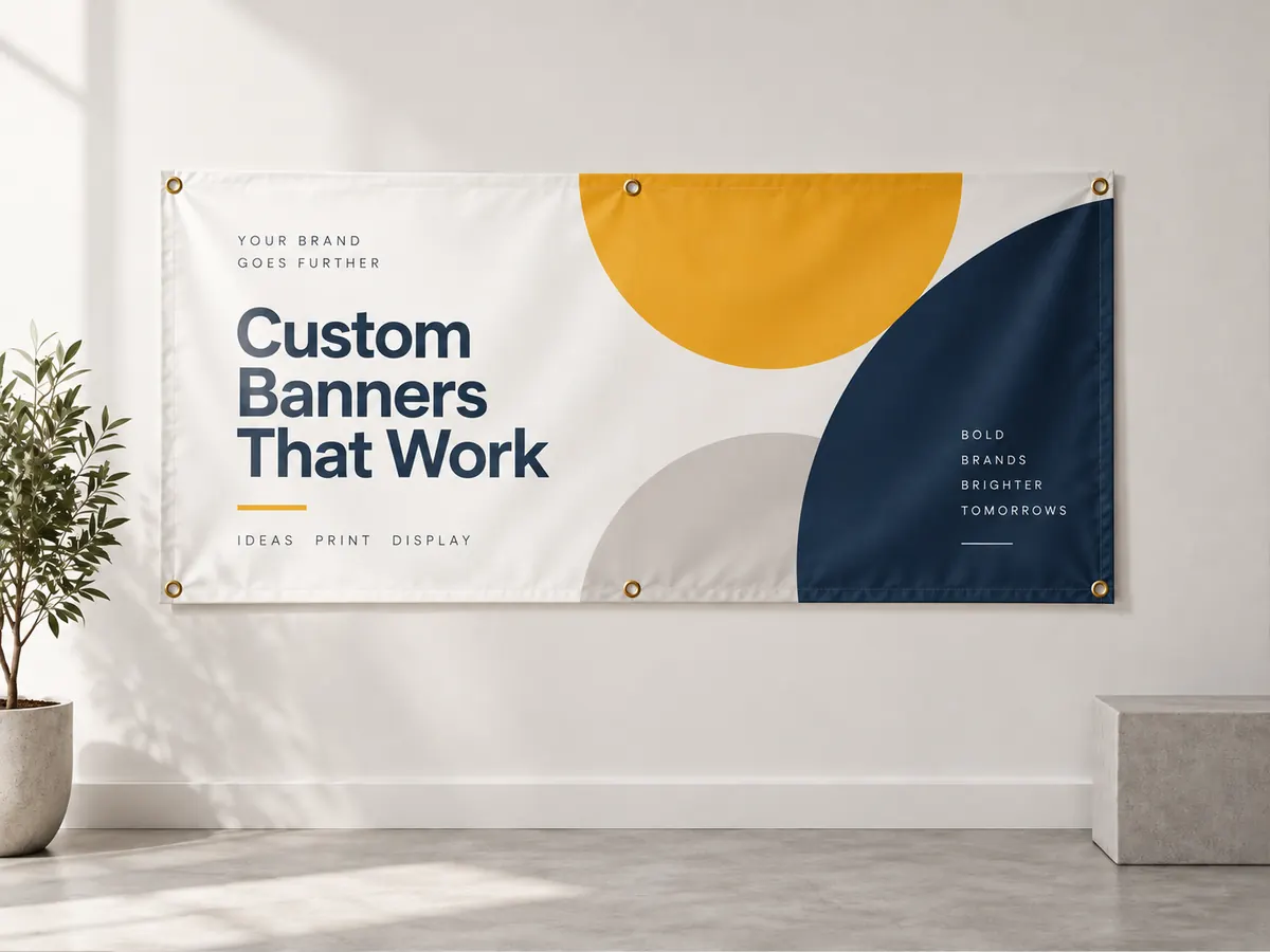 Vinyl banner hung on a wall with brass grommets in the corners