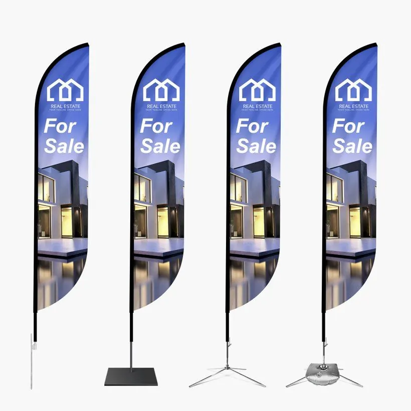 14 foot feather convex flag shown with four base options