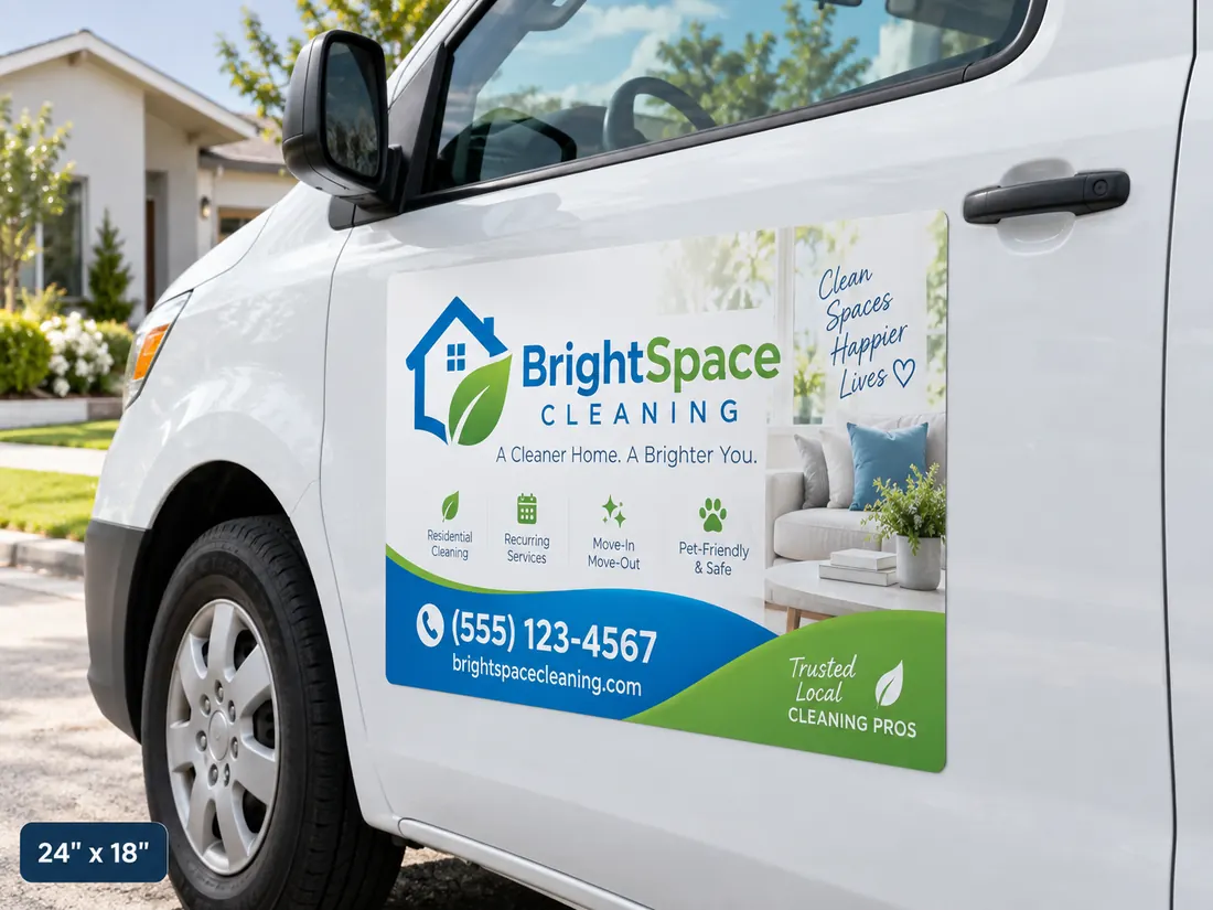 A 24 by 18 inch custom magnet on the side of a white work van