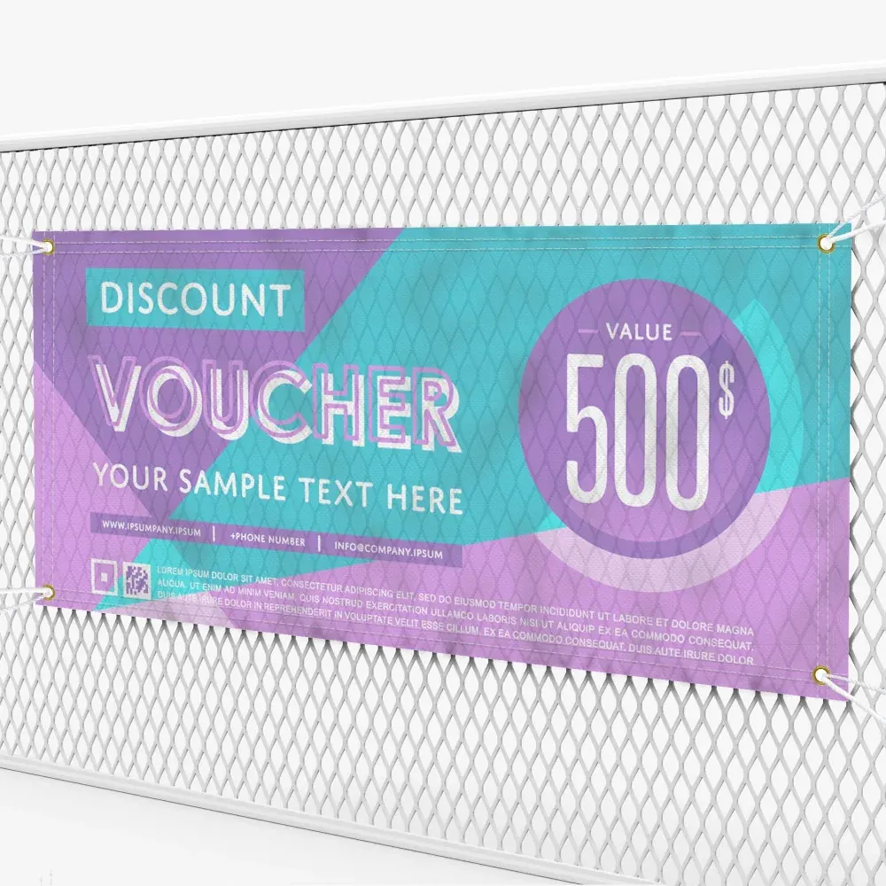 Custom mesh banner zip-tied to a chain-link fence