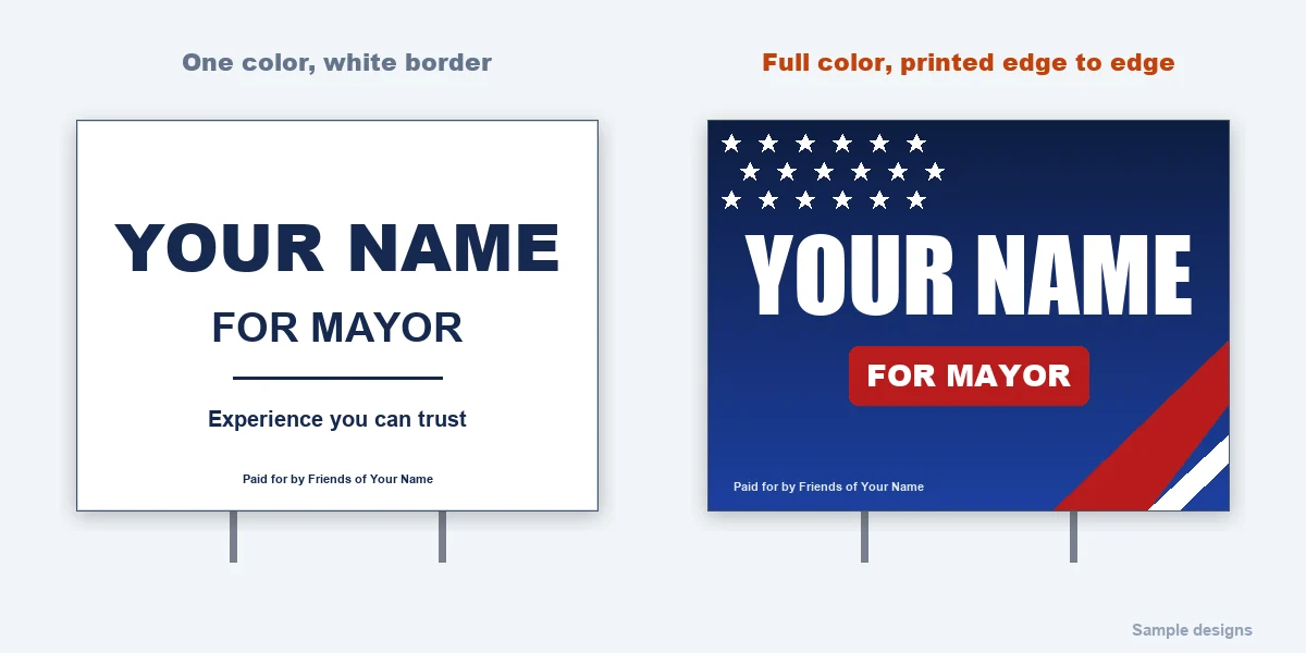 A one-color campaign yard sign with a white border next to a full-color sign printed edge to edge