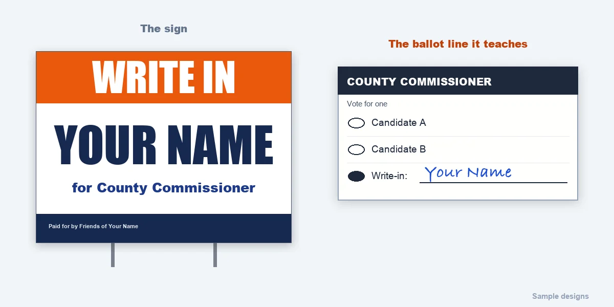 Sample write-in campaign yard sign with an orange WRITE IN band, next to a ballot with the name written on the write-in line