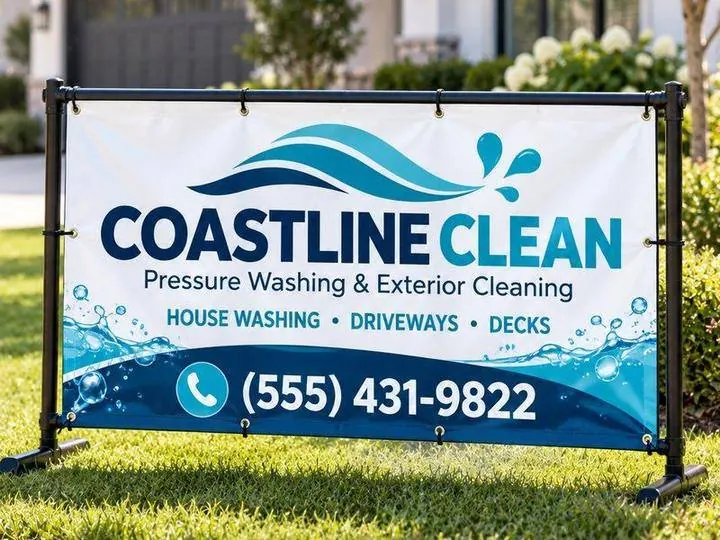 Pressure washing banner on a stand &mdash; Vinyl Banners design example