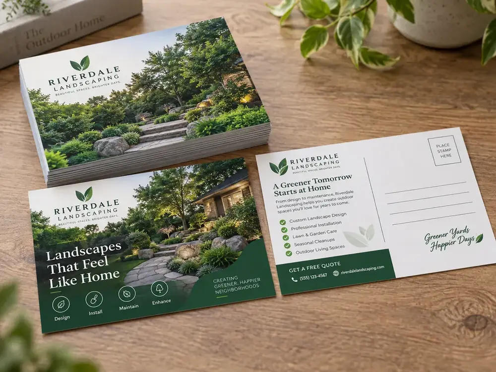 Landscaping neighborhood postcard, front and back with a stamp box and service list