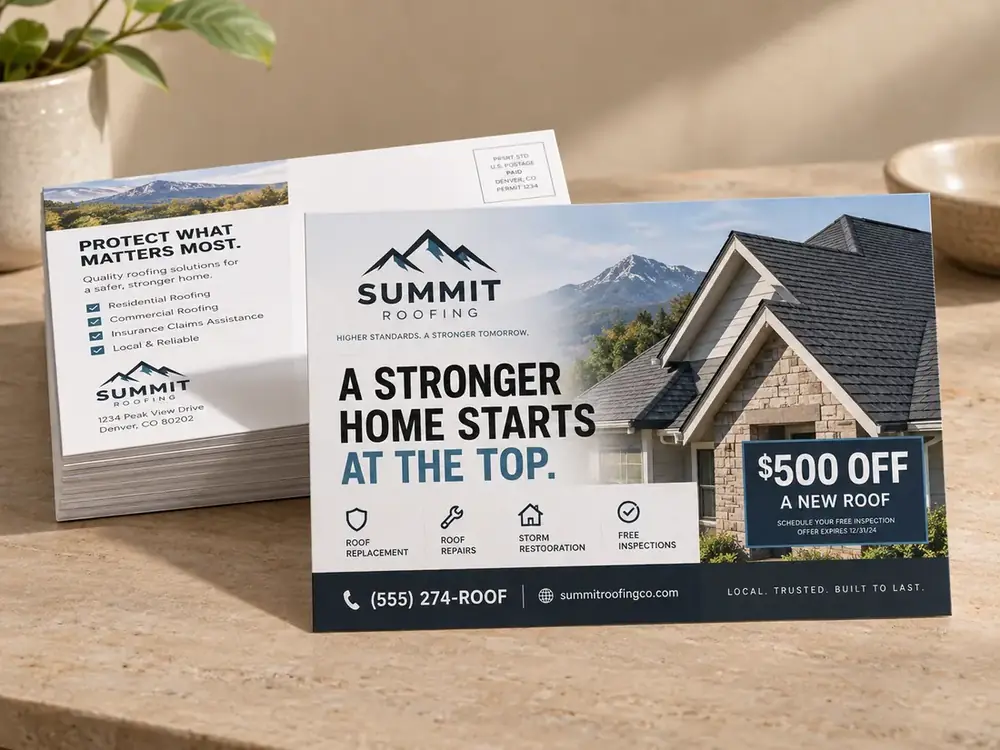 Roofing neighborhood postcard, front and addressed back with a bulk-mail permit box