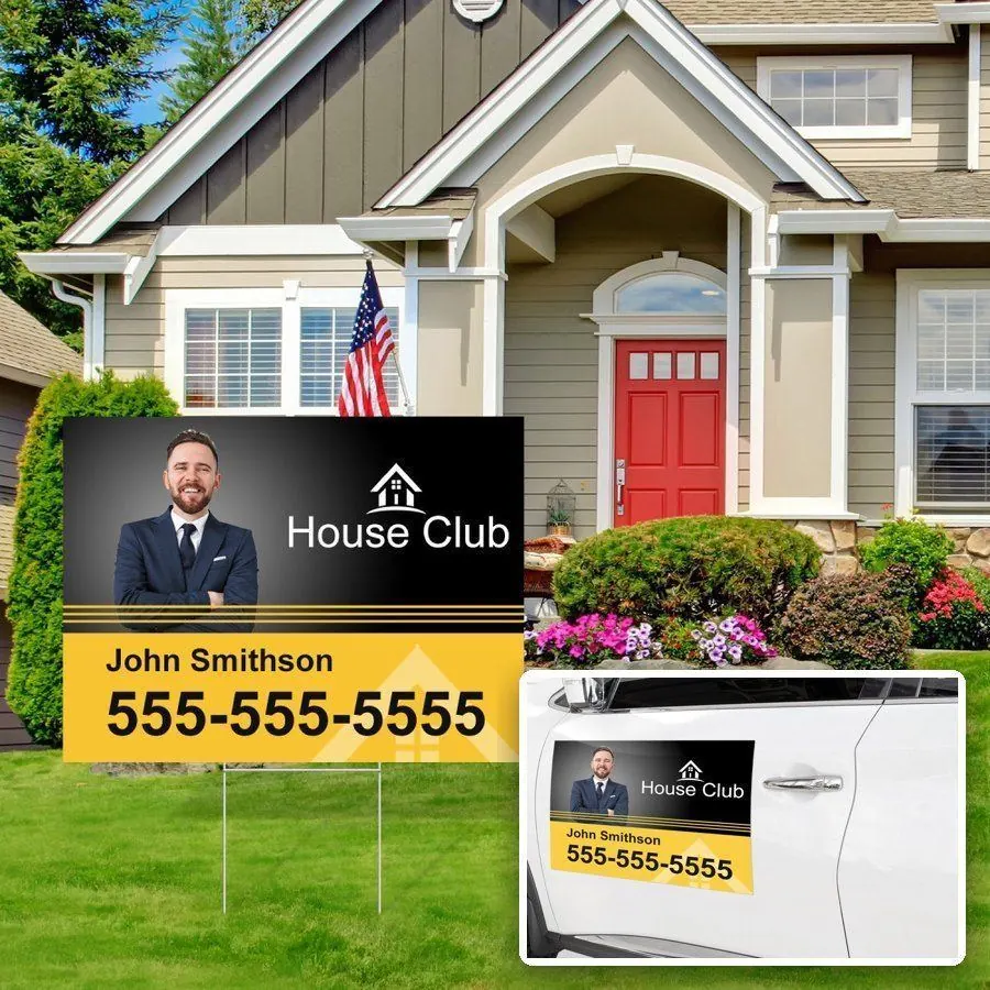 The Contractor Kit: a double-sided yard sign in a lawn and the matching magnet on a truck door