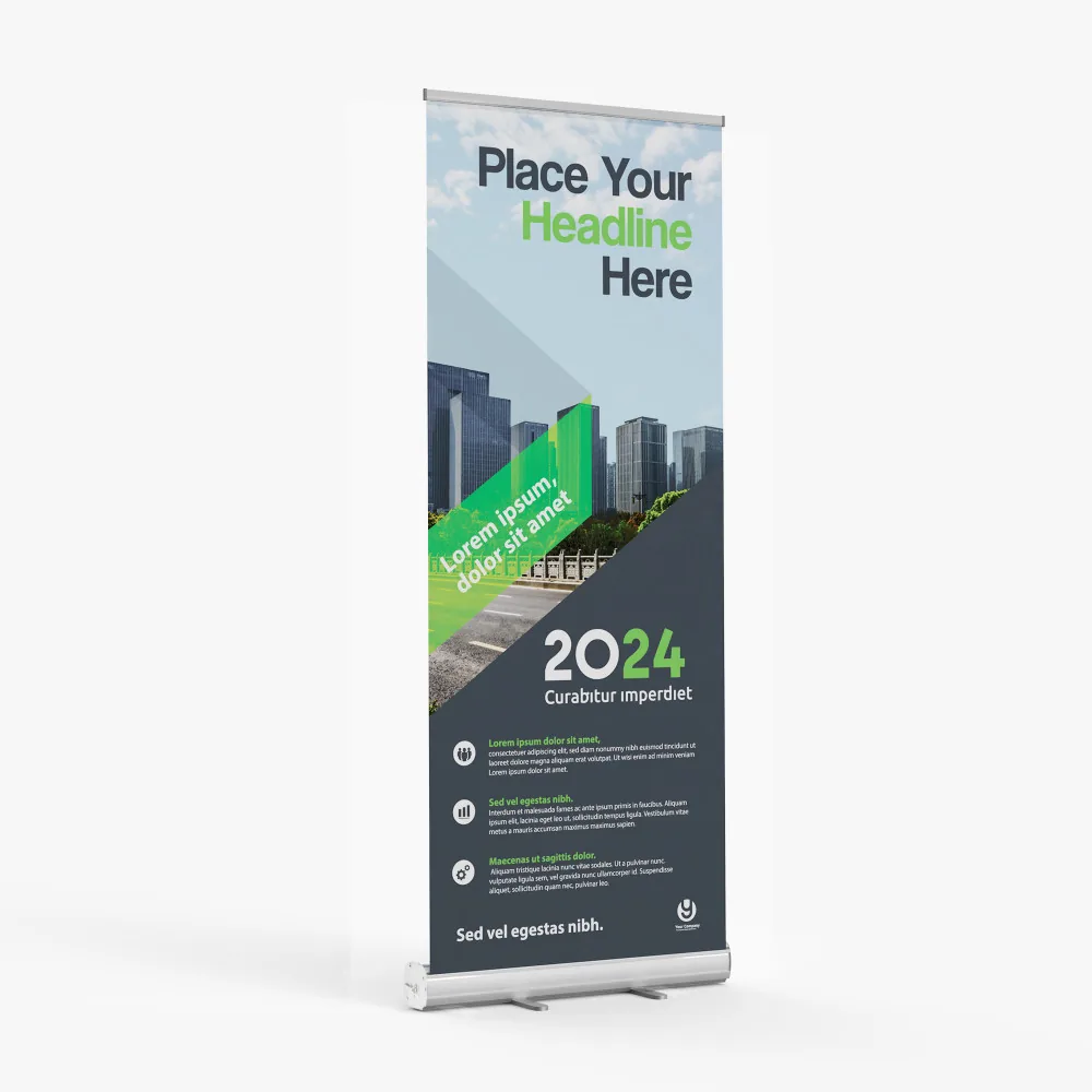 33 by 81 inch retractable banner stand with a printed fabric graphic