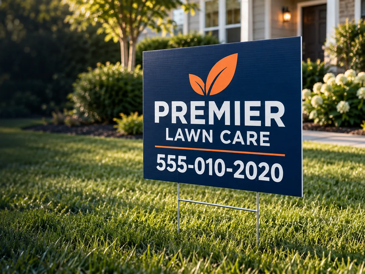 A printed 24 by 18 inch yard sign on its steel H-stake in a front lawn, showing a sample lawn-care design