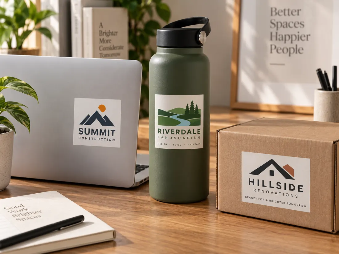Vinyl stickers on a laptop lid, a water bottle and a shipping box