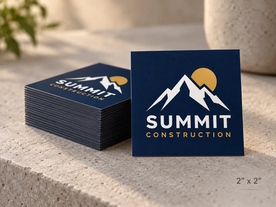 A stack of 2 by 2 inch square vinyl stickers
